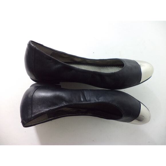 KATE PRESTON US 7.5M BLACK SOFT SMOOTH LEATHER BALLET FLATS SHOE SILVER TOE CAPS - Picture 5 of 7